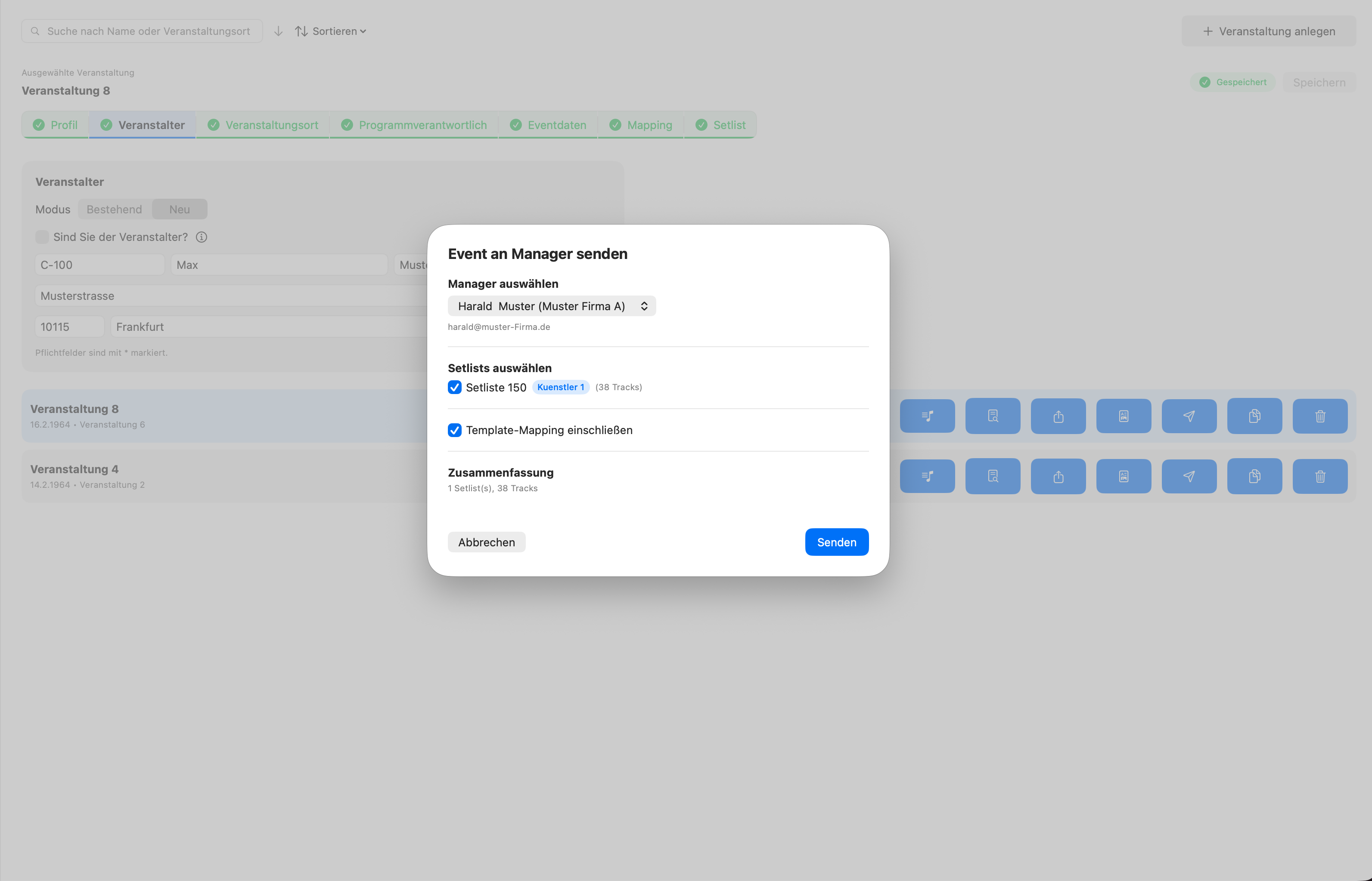 Veranstaltung an Manager senden