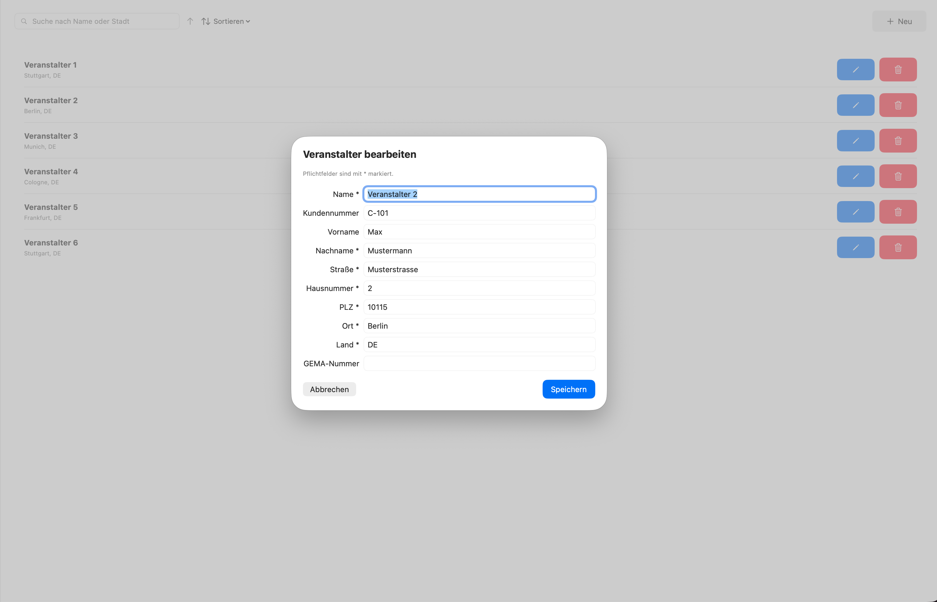 Veranstalter bearbeiten
